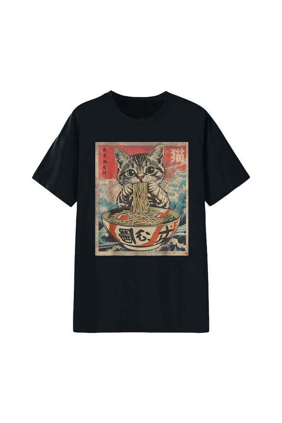 Womens Anime Cat Ramen Graphic T-Shirts Japanese Funny Graphic Short Sleeve Tees Kawaii Cat Anime Gifts Tops