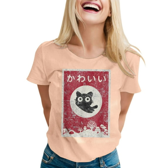 Womens Anime Cat Ramen Graphic T-Shirts Japanese Funny Graphic Short Sleeve Tees Kawaii Cat Anime Gifts Tops