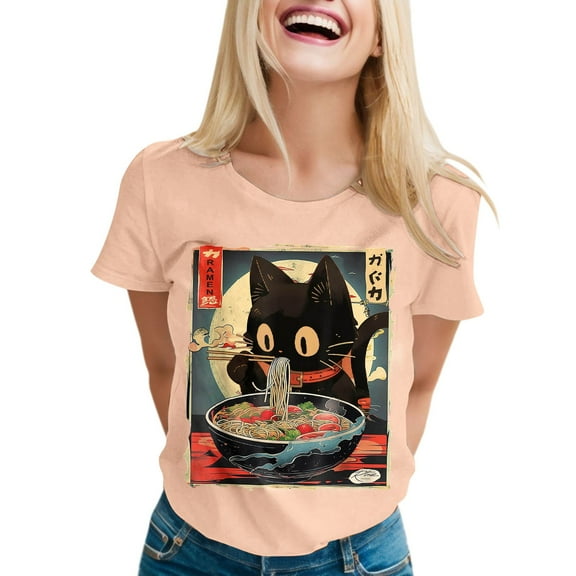 Womens Anime Cat Ramen Graphic T-Shirts Japanese Funny Graphic Short Sleeve Tees Kawaii Cat Anime Gifts Tops