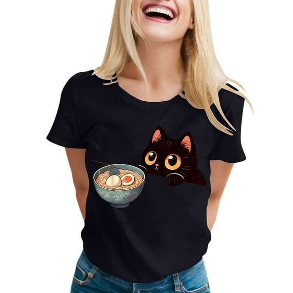 Womens Anime Cat Ramen Graphic T-Shirts Japanese Funny Graphic Short Sleeve Tees Kawaii Cat Anime Gifts Tops