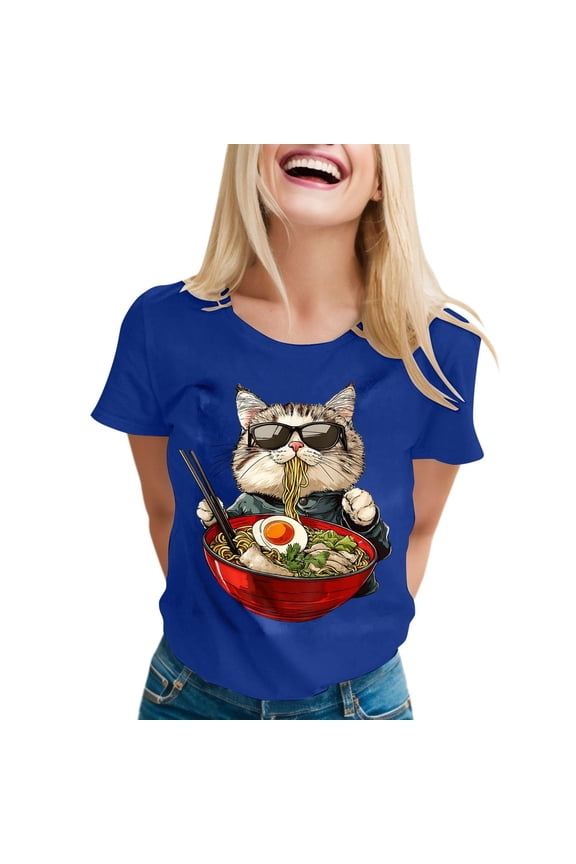 Womens Anime Cat Ramen Graphic T-Shirts Japanese Funny Graphic Short Sleeve Tees Kawaii Cat Anime Gifts Tops