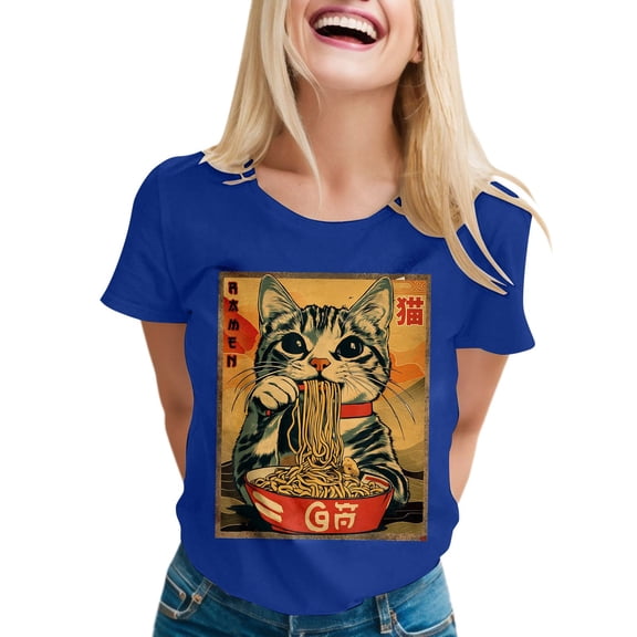 Womens Anime Cat Ramen Graphic T-Shirts Japanese Funny Graphic Short Sleeve Tees Kawaii Cat Anime Gifts Tops