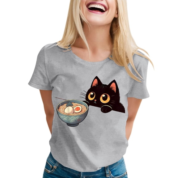 Womens Anime Cat Ramen Graphic T-Shirts Japanese Funny Graphic Short Sleeve Tees Kawaii Cat Anime Gifts Tops