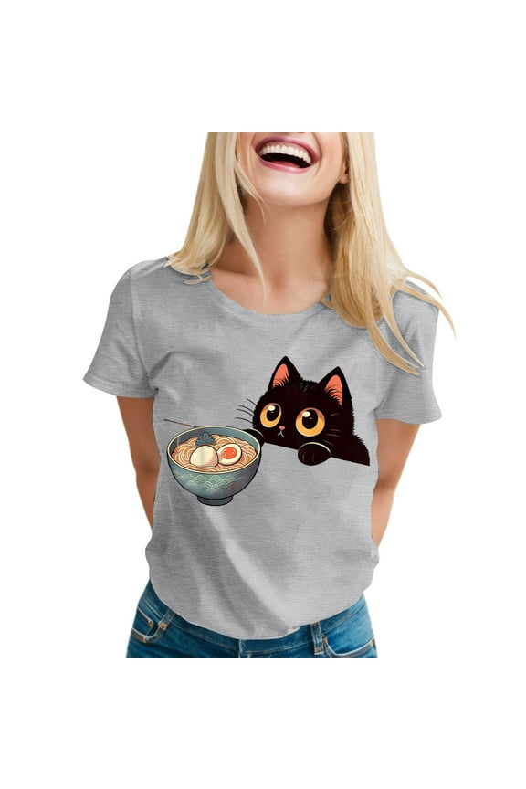 Womens Anime Cat Ramen Graphic T-Shirts Japanese Funny Graphic Short Sleeve Tees Kawaii Cat Anime Gifts Tops