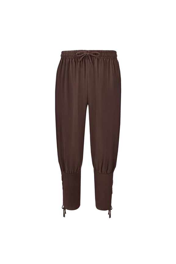 Womens Ankle Banded Pants Linen Cotton Medieval Pirate Pants High Waist Drawstring Holiday Party Renaissance Trousers