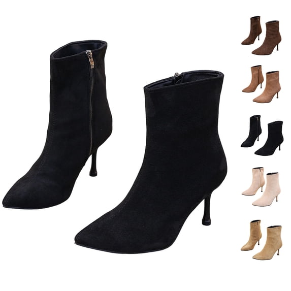 Womens Chic Ankle Booties Pointed Toe Stiletto Heel Shoes Side Zip Faux Suede Fashion Short Party Evening Date Night Office Daily Wear Boots