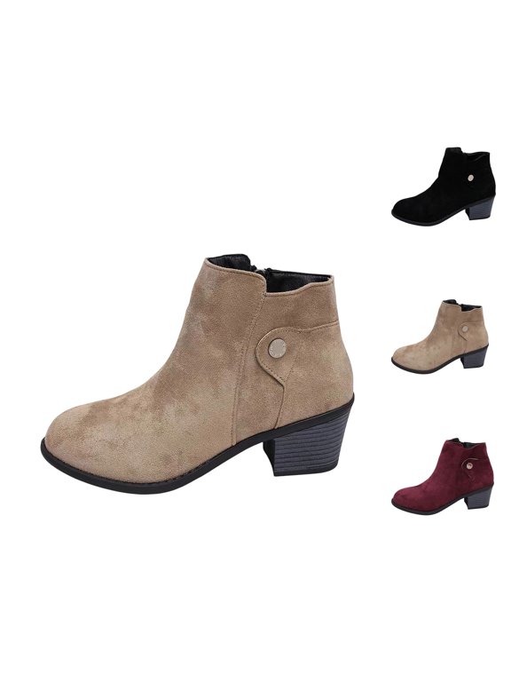 Womens Ankle Booties Round Toe Chunky Block Heel Side Zip Shoes Faux Suede Fashion Short Boots