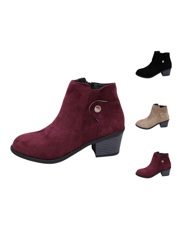 Womens Ankle Booties Round Toe Chunky Block Heel Side Zip Shoes Faux Suede Fashion Short Boots
