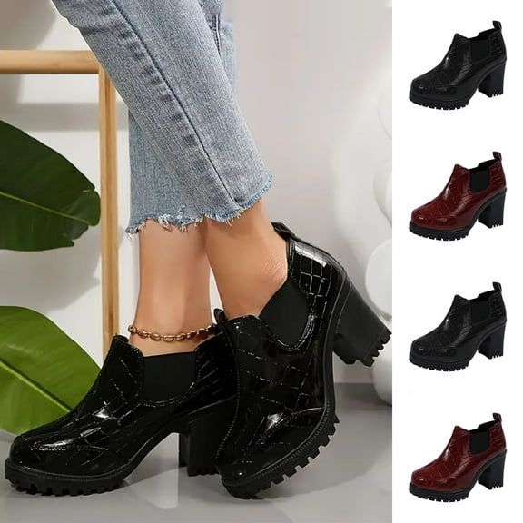 Womens Ankle Boots Casual Daily Party Dressy Solid Color Versatile Round Toe Thick-Soled Loafer High Heels Short Boots