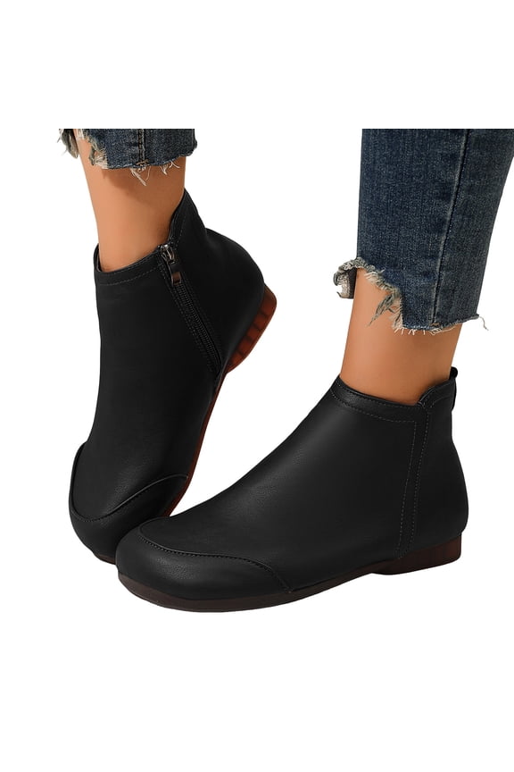 Womens Ankle Boots Casual Round Toe Splice Vintage Soft Leather Zip up Short Booties Comfy Nonslip Flat Heel Dress Boots Black Size 8