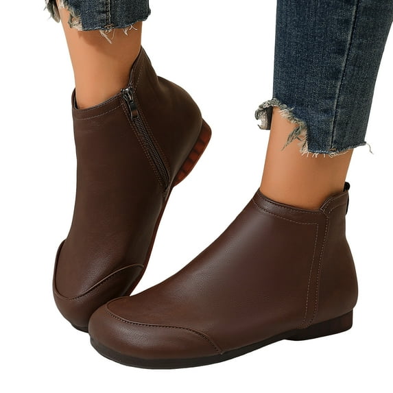 Womens Ankle Boots Casual Round Toe Splice Vintage Soft Leather Zip up Short Booties Comfy Nonslip Flat Heel Dress Boots Coffee Size 6