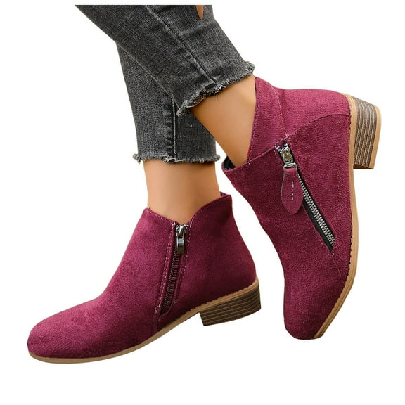 Womens Ankle Boots Casual Suede Low Top Zipper Fall Booties Stacked Heel Round Toe Short Boots