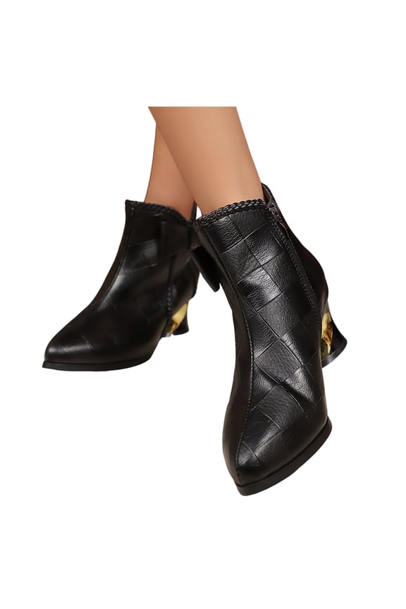 Womens Ankle Boots Elegant Dressy Low Heel Vintage Checkered Pattern Bow Pointed Toe Zipper Short Fall Booties