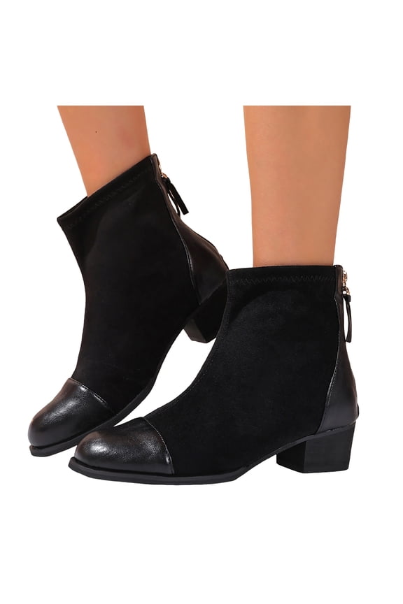 Womens Ankle Boots Fashion Casual Leather Suede Patchwork Chunky Heel Wide Mid Calf Booties with Back Zipper Black Size 6.5
