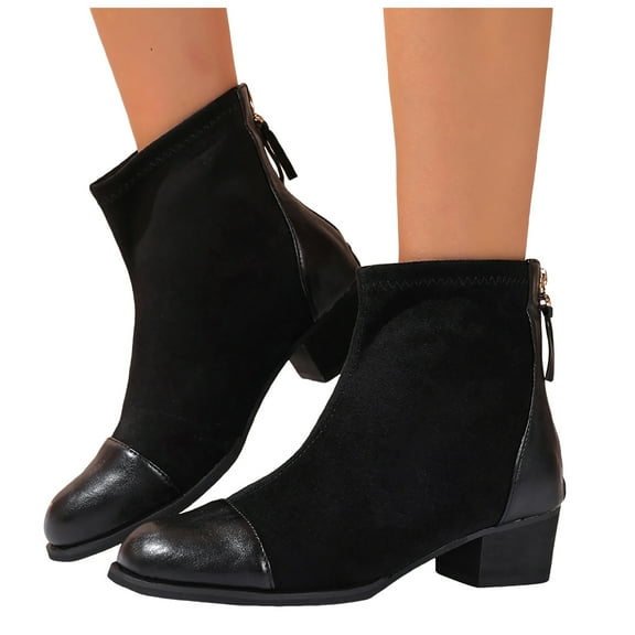 Womens Ankle Boots Fashion Casual Leather Suede Patchwork Chunky Heel Wide Mid Calf Booties with Back Zipper Black Size 7.5