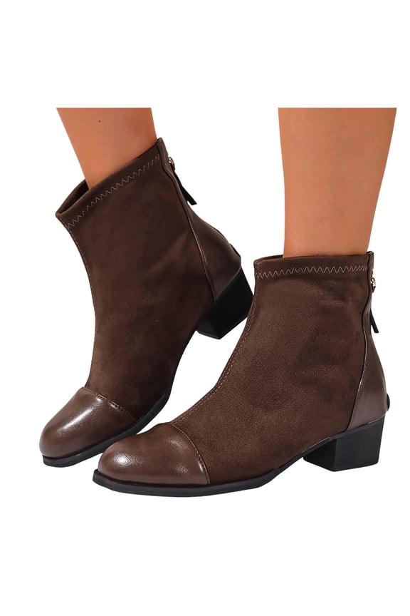 Womens Ankle Boots Fashion Casual Leather Suede Patchwork Chunky Heel Wide Mid Calf Booties with Back Zipper Coffee Size 6.5