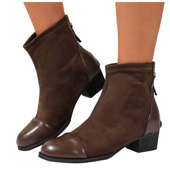 Womens Ankle Boots Fashion Casual Leather Suede Patchwork Chunky Heel Wide Mid Calf Booties with Back Zipper Coffee Size 7