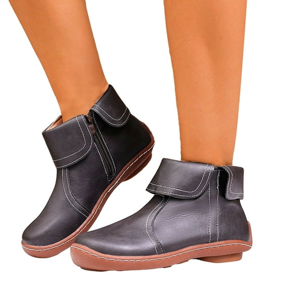 Womens Ankle Boots Fashion Fold Over Splice Leather Round Toe Zipper Booties Casual Nonslip Wide Calf Short Boots