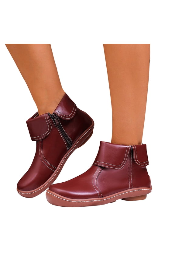 Womens Ankle Boots Fashion Fold Over Splice Leather Round Toe Zipper Booties Casual Nonslip Wide Calf Short Boots
