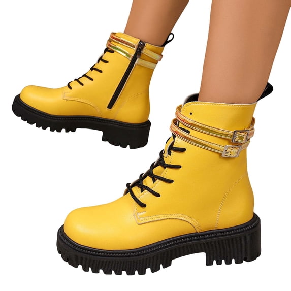 Womens Ankle Boots Fashion Leather Lace up Lug Sole Chunky Heel Platform Double Ankle Straps Combat Booties