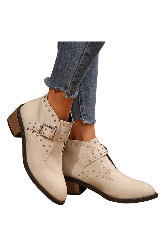 Womens Ankle Boots Fashion Stacked Heel Short Chelsea Boots Slip On Pointed Toe Studded Strap Fall Booties Beige Size 8.5