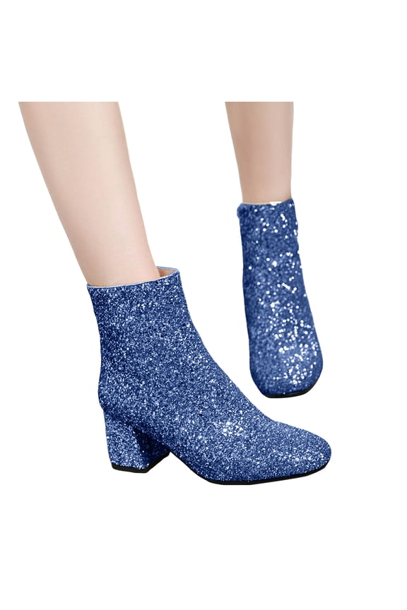 Womens Ankle Boots Glitter Round Toe Block Heel Zipper Winter Fall Booties Sequin Wedding Prom Dress Short Boots Blue Size 6.5