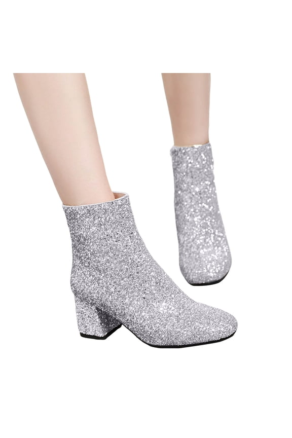 Womens Ankle Boots Glitter Round Toe Block Heel Zipper Winter Fall Booties Sequin Wedding Prom Dress Short Boots Silver Size 6