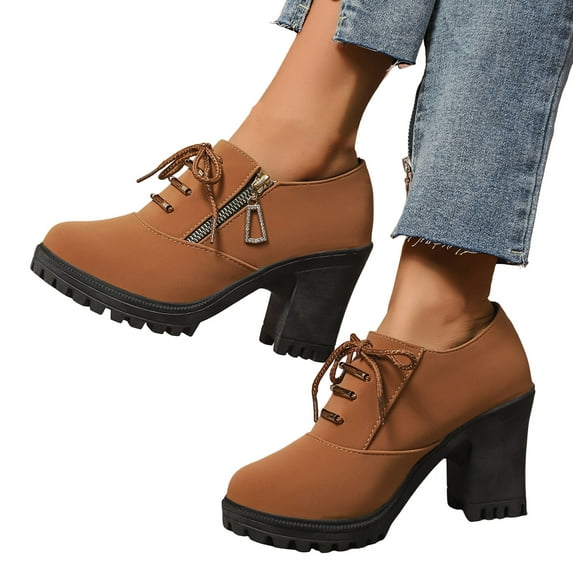 Womens Ankle Boots Low Top Lace up Platform Lug Sole Chunky High Heel Dress Booties Side Zipper Leather Fall Boots
