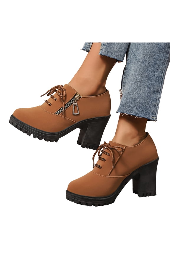 Womens Ankle Boots Low Top Lace up Platform Lug Sole Chunky High Heel Dress Booties Side Zipper Leather Fall Boots