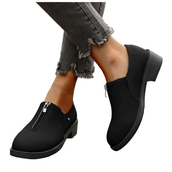 Womens Ankle Boots Low Top Round Toe Leather Front Zipper Chunky Heel Short Booties Casual Elastic Slip on Dress Boots Black Size 7.5