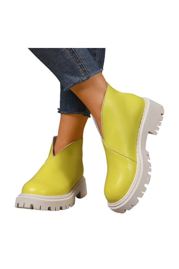 Womens Ankle Boots Platform V Cut Slip on Chelsea Booties Chunky Low Heel Dressy Western Walking Boots