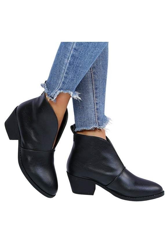 Womens Ankle Boots Platform V Cut Slip on Chelsea Booties Chunky Low Heel Dressy Western Walking Boots