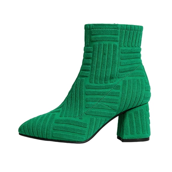 Womens Ankle Boots Pointed Toe Block Heel Ribbed Cuff Pull On Shoe Booties Stretch Knit Geometric Stitching Casual Winter Boots for Women