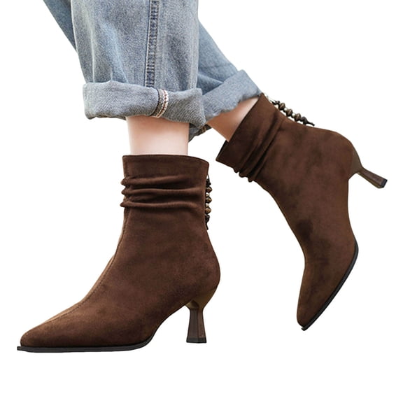 Womens Ankle Boots Pointed Toe Kitten Heels Beaded Zipper Casual Suede Slouchy Fall Winter Dress Booties