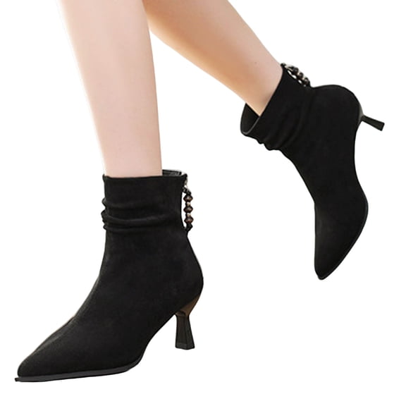 Womens Ankle Boots Pointed Toe Kitten Heels Beaded Zipper Casual Suede Slouchy Fall Winter Dress Booties Black 6
