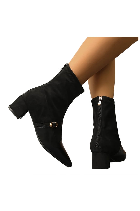 Womens Ankle Boots Pointed Toe Suede High Top Block Heel Stretch Fall Booties Trendy Buckle Strap Back Zipper Short Boots