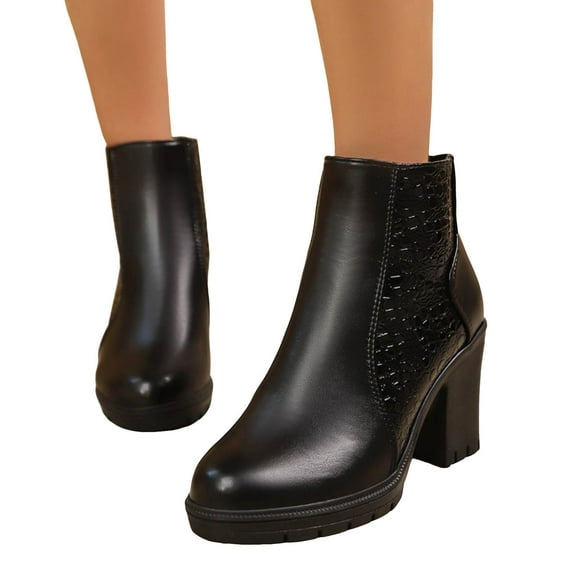 Womens Ankle Boots Retro Pattern Splice Leather Lug Sole Chunky Heel Fall Winter Short Booties