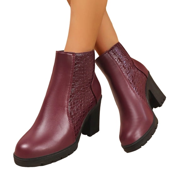 Womens Ankle Boots Retro Pattern Splice Leather Lug Sole Chunky Heel Fall Winter Short Booties