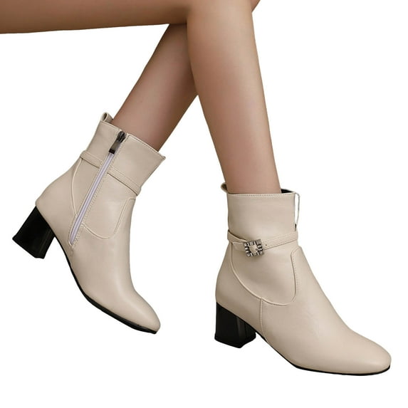 Womens Ankle Boots Square Toe Rhinestone Strappy Elegant Dress Booties Vintage Leather Block Heel Zipper Short Fall Winter Boots