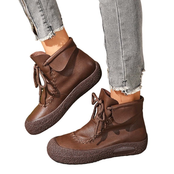Womens Ankle Boots Stitching Vintage Soft Leather Waterproof Short Rding Booties Winter Outdoor Sneakers