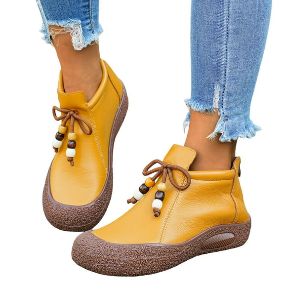 Womens Ankle Boots Stitching Vintage Soft Leather Waterproof Short Rding Booties Winter Outdoor Sneakers
