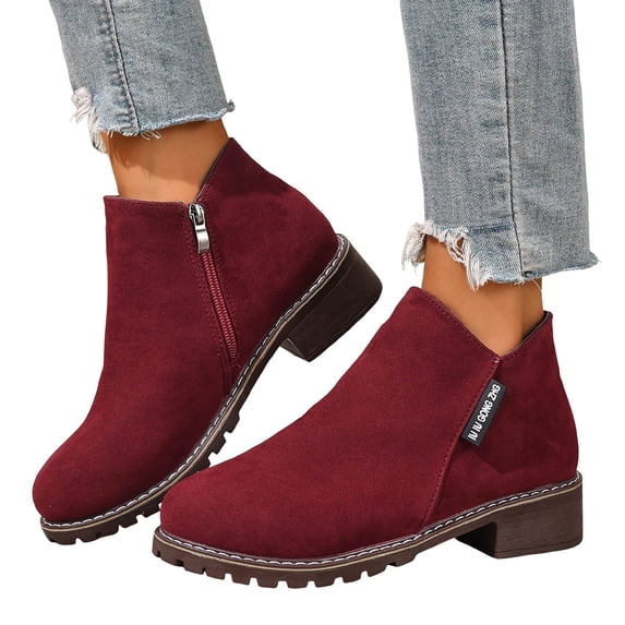 Womens Ankle Boots Stylish Simple Suede Round Toe Chunky Low Heel Winter Fall Slip on Short Booties with Side Zipper
