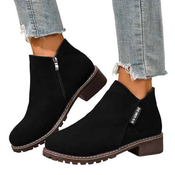 Womens Ankle Boots Stylish Simple Suede Round Toe Chunky Low Heel Winter Fall Slip on Short Booties with Side Zipper