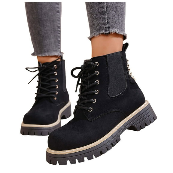 Womens Ankle Boots Suede Lace up Lug Sole Stretch Riding Booties Round Toe Punk Studded Winter Short Boots
