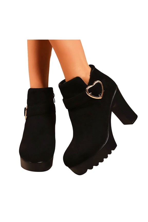 Womens Ankle Boots Suede Round Toe Platform High Heels Fashion Buckle Strap Zipper Fall Winter Dress Booties