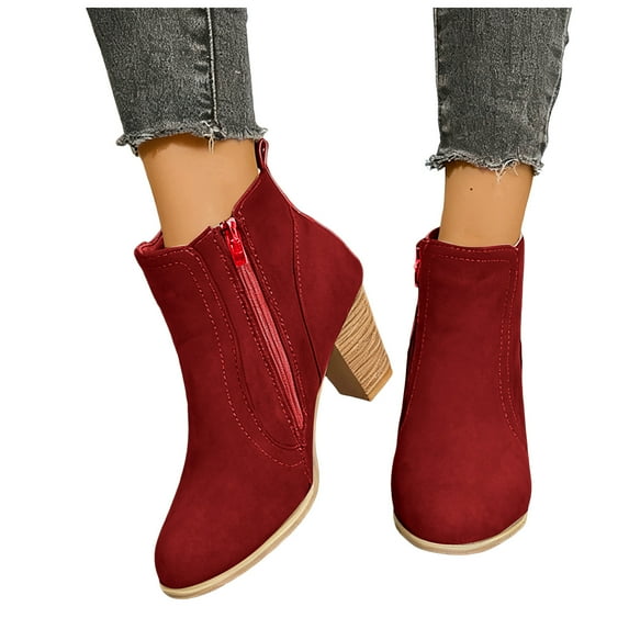 Womens Ankle Boots Suede Splice High Stacked Heel Dressy Fall Booties Comfy Round Toe Zipper Pumps Shoes