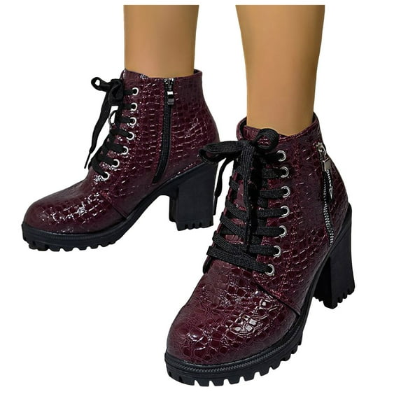 Womens Ankle Boots Vintage Pattern Leather Lug Sole Chunky Heel Dressy Lace up Zipper Fall Booties