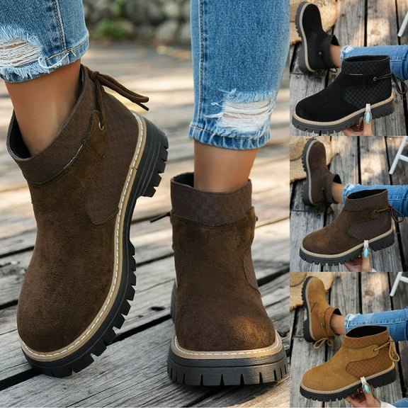 Womens Ankle Boots Women's Casual Winter Comfortable Chunky Heel Lace-Up Suede Thick-Soled Mid-Heel Cozy Ankle Boots