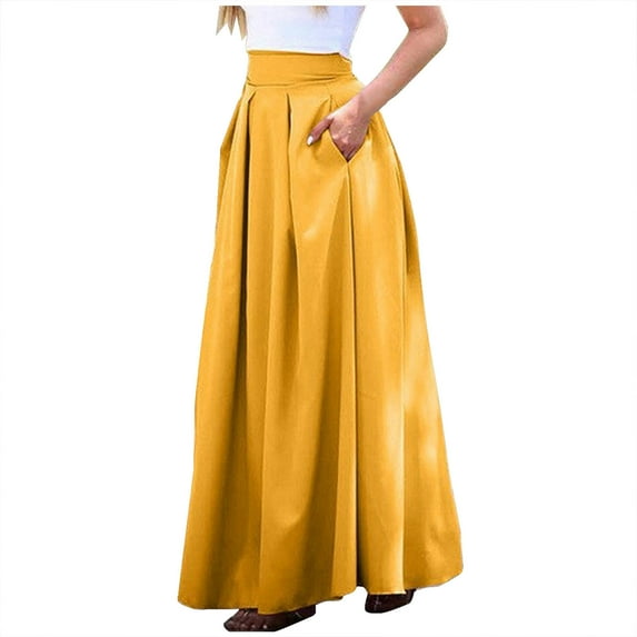 Womens Ankle Length Pleated Maxi Skirts for Women High Waist Solid Color Loose Flowy Long Skirts with Pockets