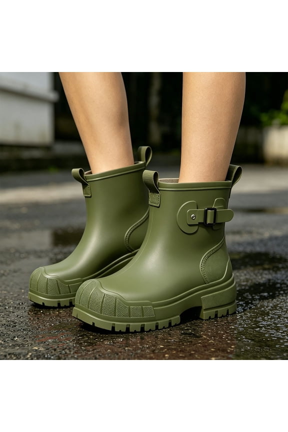 Womens Ankle Rain Boots Dual Rear Pull Tabs Reinforced Toe Cap Chunky Tread Chunky Sole Non Slip Waterproof Rubber Wellies Green 36